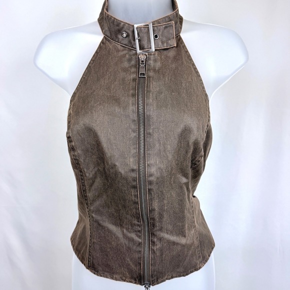 wild fable Tops - Wild Fable M Brown Faux Leather Halter Moto Zip Buckle Y2K Biker Tank Top NWT
